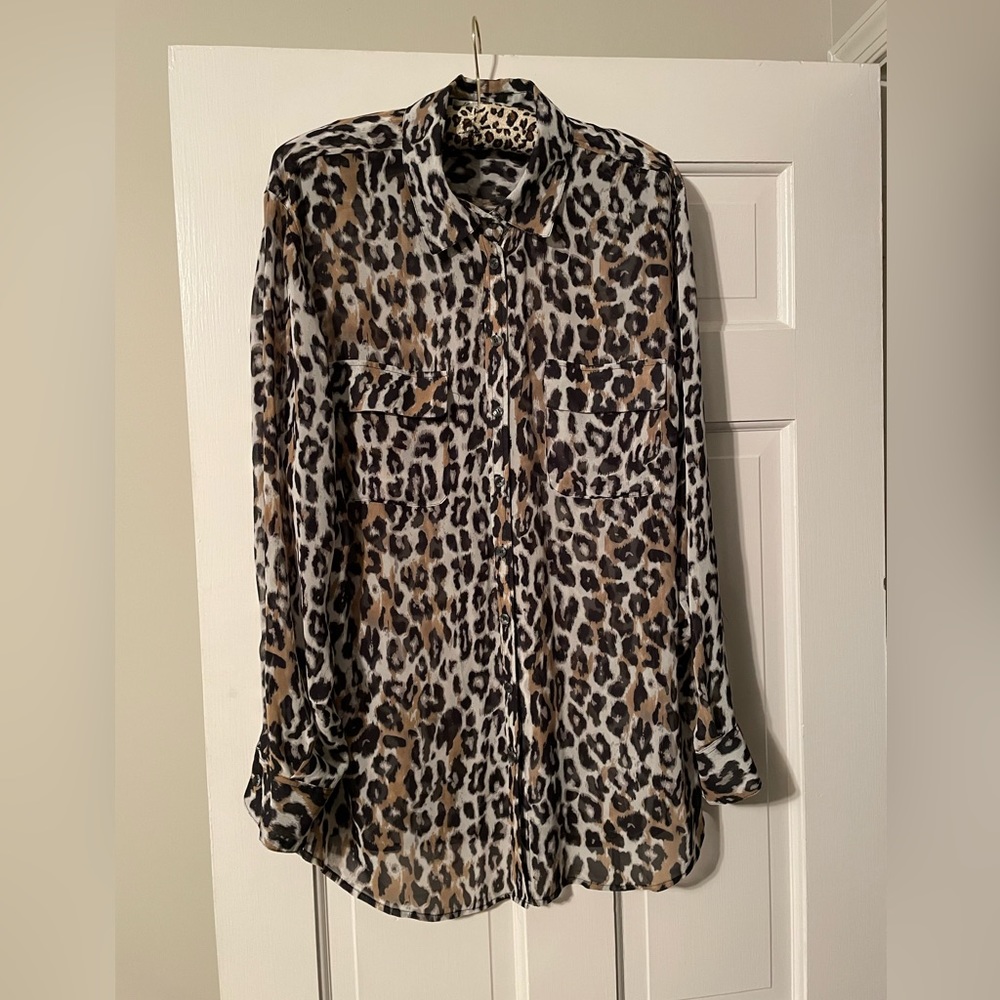 Kenneth Cole, Blouse, leopard print, see-through polyester fabric, sz. L